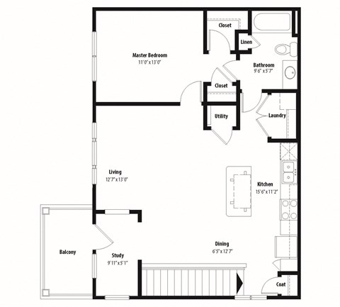 Floor plan for 1 bed, 1 bath, 909 sqft
